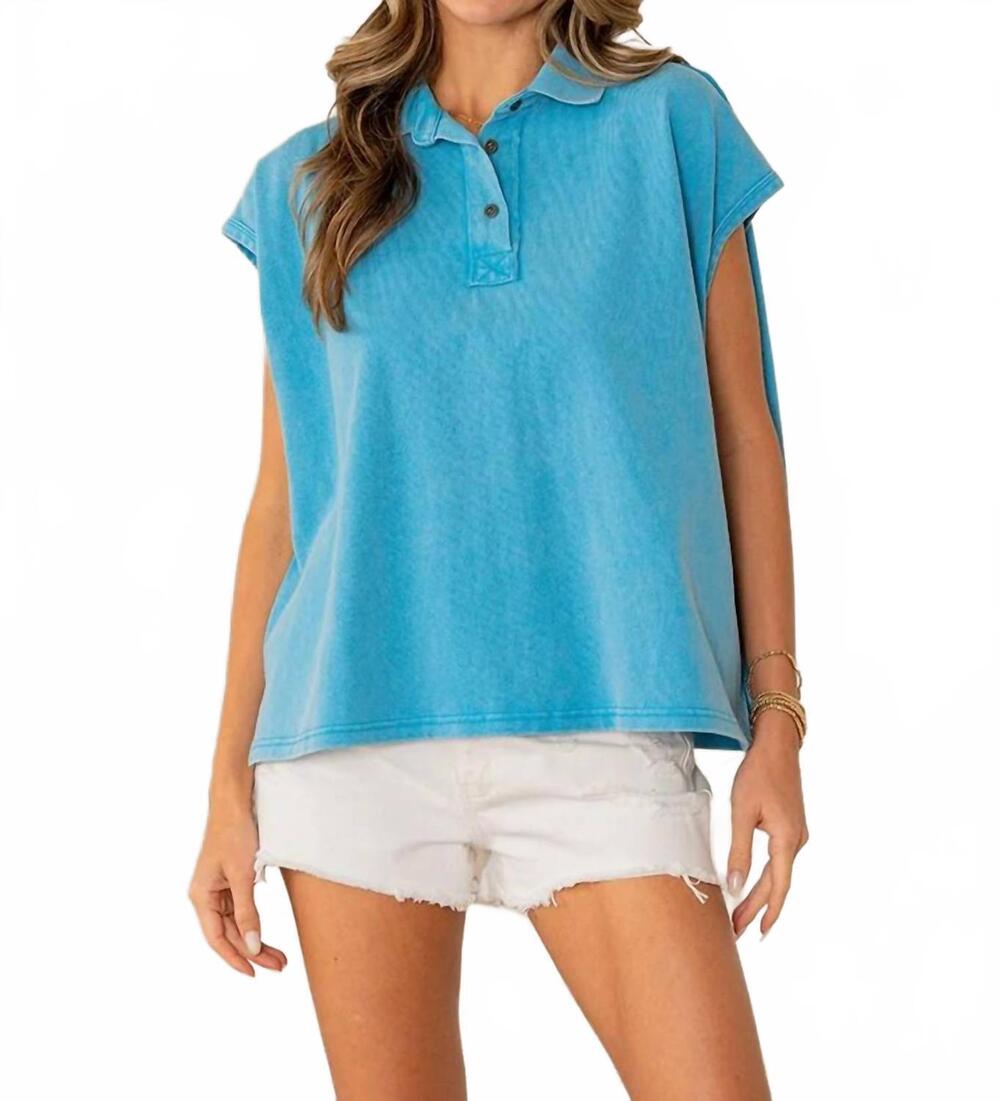 NEW SEW IN LOVE oversized cap sleeve polo top in marine blue